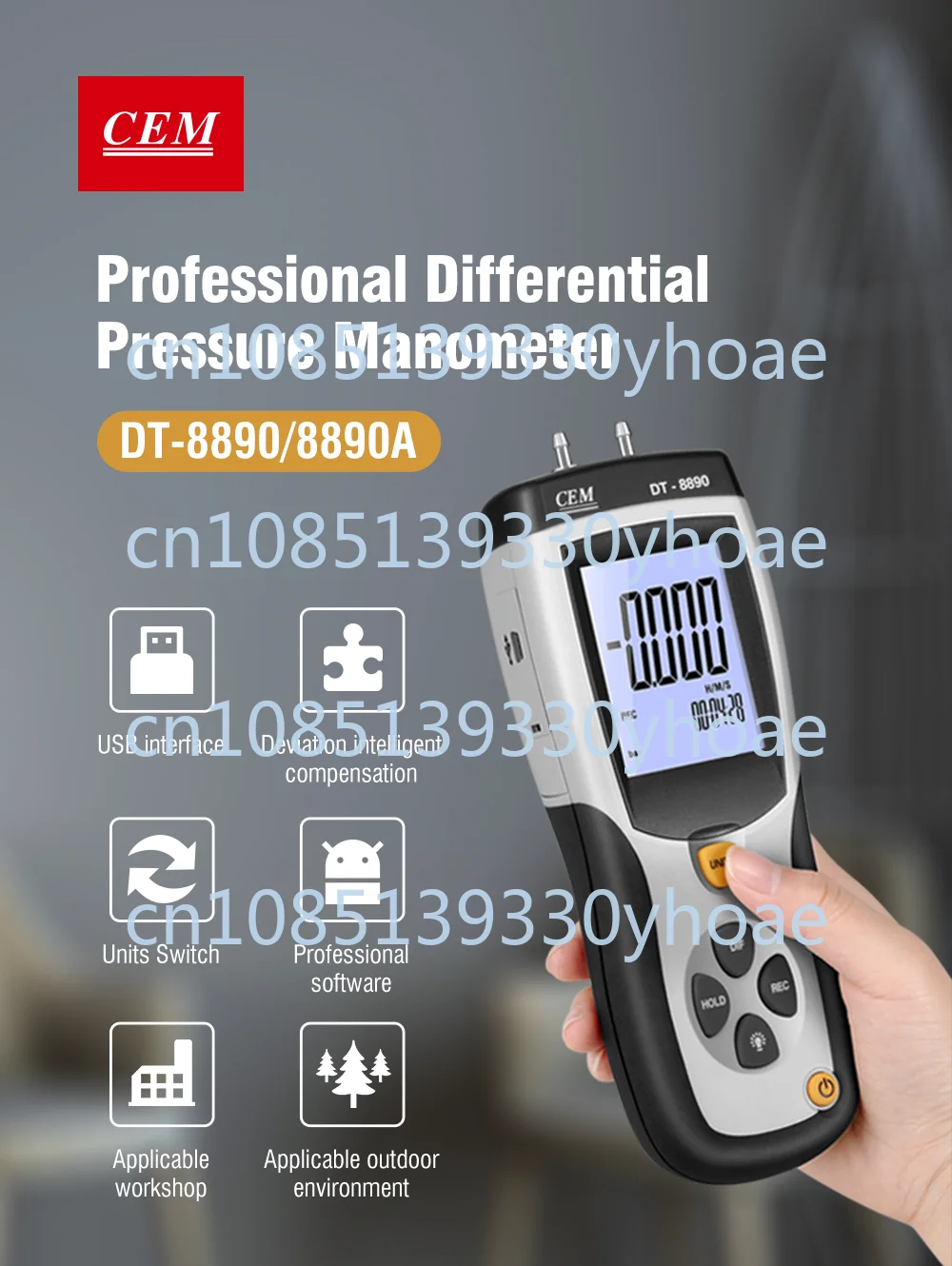 DT-8890 Professional Handhold Gas Digital Manometerl Low Differential Air Pressure Gauges With 11 Units And Usb To A PC