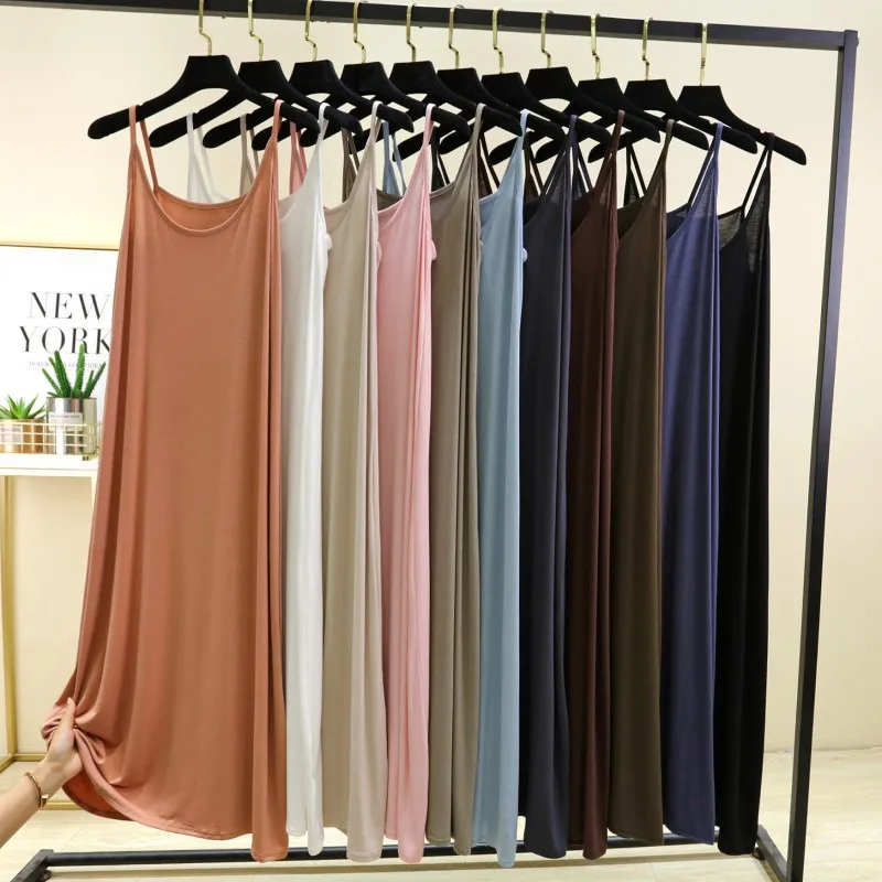 

Летнее женское платье с круглым вырезом, длинное, тонкое, из модала, на бретельках, свободного кроя, А-силуэт, корейский стиль, без рукавов