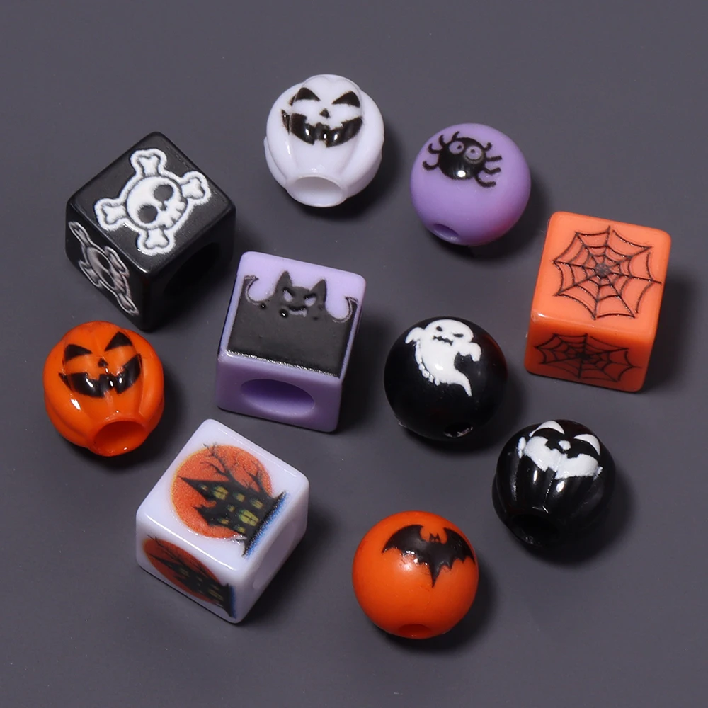 10-20pcs Halloween Series Acrylic Beads Pumpkin Skull Ghost Spider Pattern Loose Beads For DIY Jewelry Bracelets Phone Key Chain