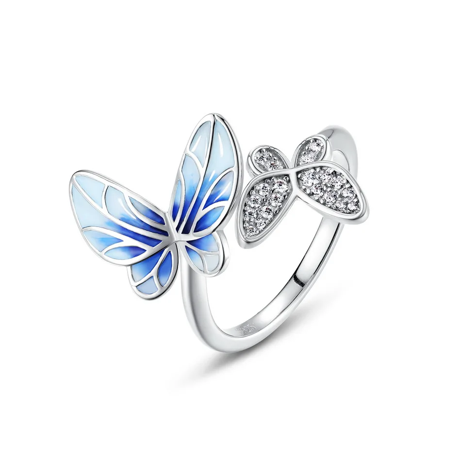 

ALLNOEL 100% 925 Sterling Silver Open Rings For Women Blue Enamel Butterfly Rhodium Plated Exquisite Elegant Fine Jewelry Gifts