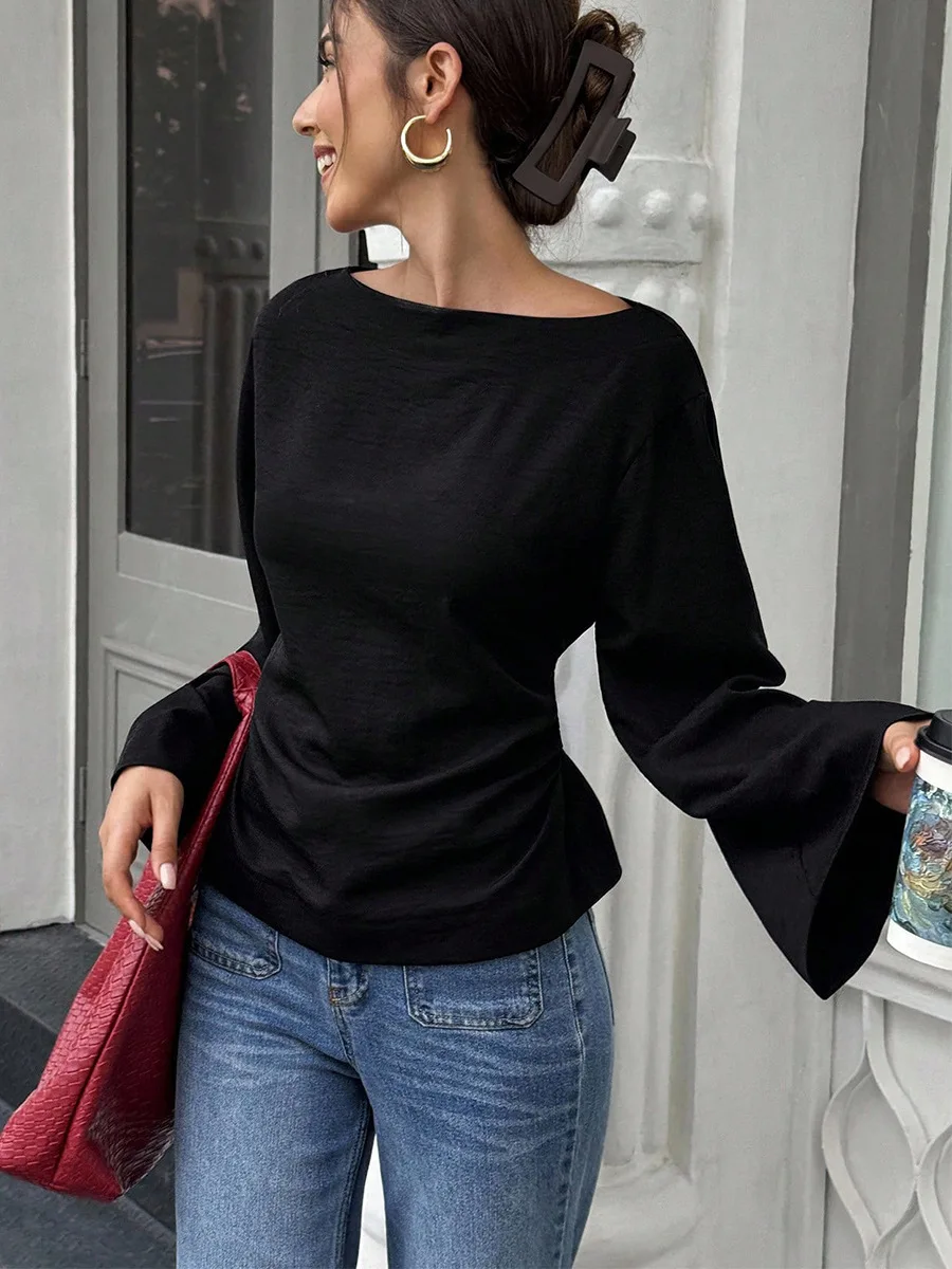 

Women's Black Blouse 2026 Spring New Flared Long Sleeve Pullover Shirt Casual Office Top