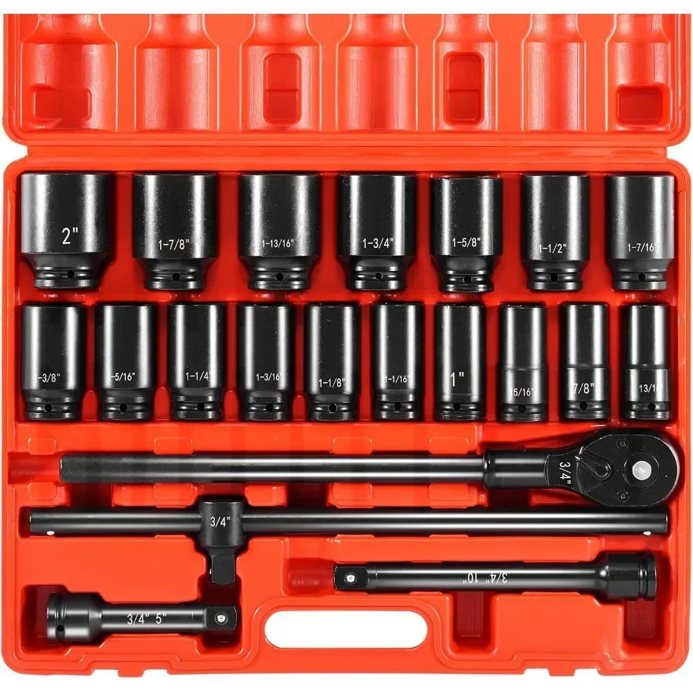 

22-Piece 3/4 Inch Deep Impact Socket Set with 6-Point CR-V Drive for Heavy-Duty Use