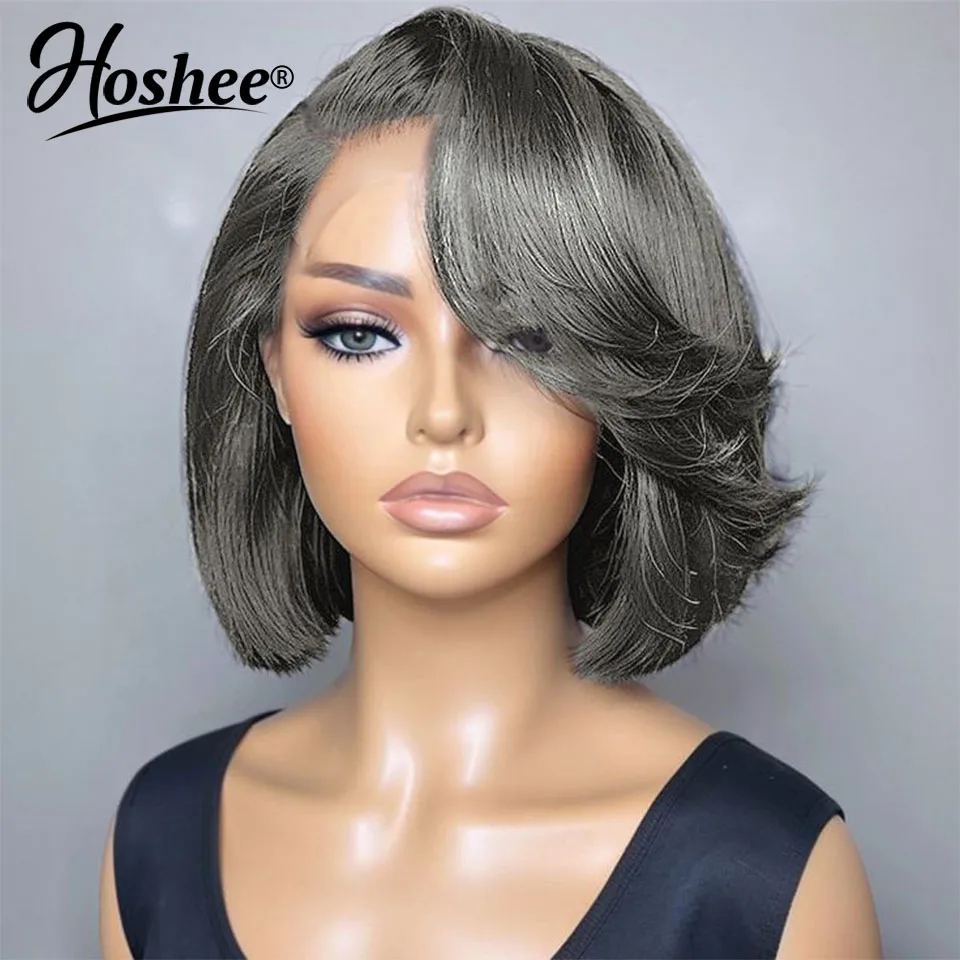 Dark Grey Lace Wig 100% Human Hair Highlight Platinum Short Bob Wig 13X4 Lace Frontal Wig Clearance Lace Closure Wigs