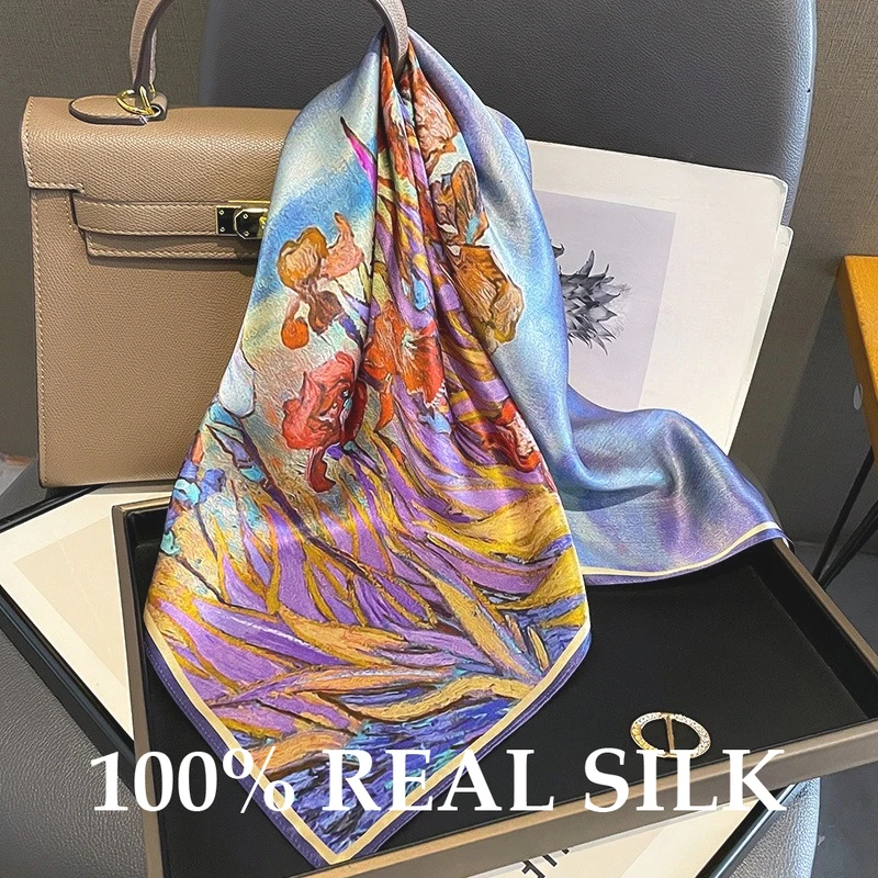 

New Oil Painting Print 100% Real Silk Scarf Women Luxury 65cm Square Fashion Neckerchief Lady Shawl Wraps Hijab Bandana Scarves