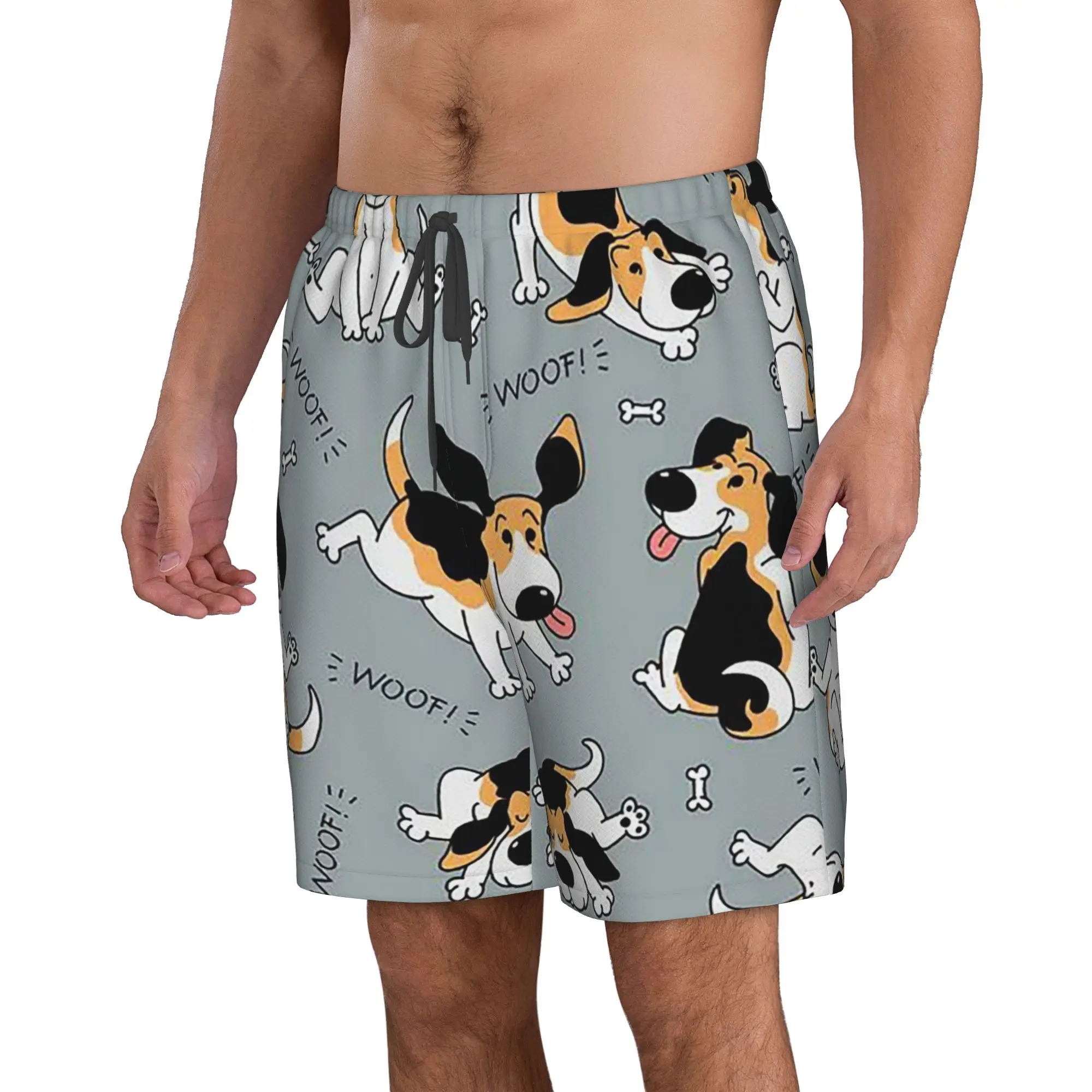 Big Eared Dog Letter Woof And Bones Trunks Beach Board Shorts Casual Quick Dry Swim Summer Men Pants