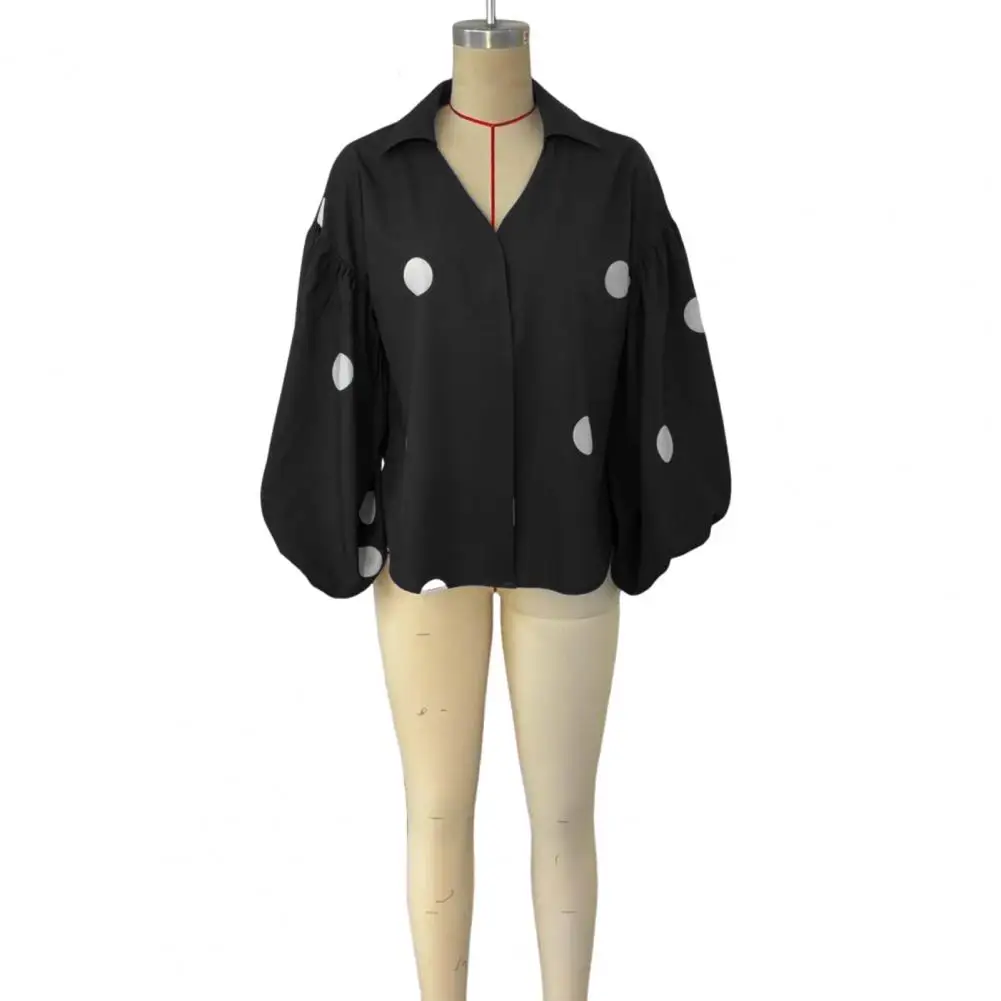 

Spring Women's New Niche Fashionable French Polka Dot Semi Open Collar Design Loose Bubble Long Sleeved Top Blusa Larga