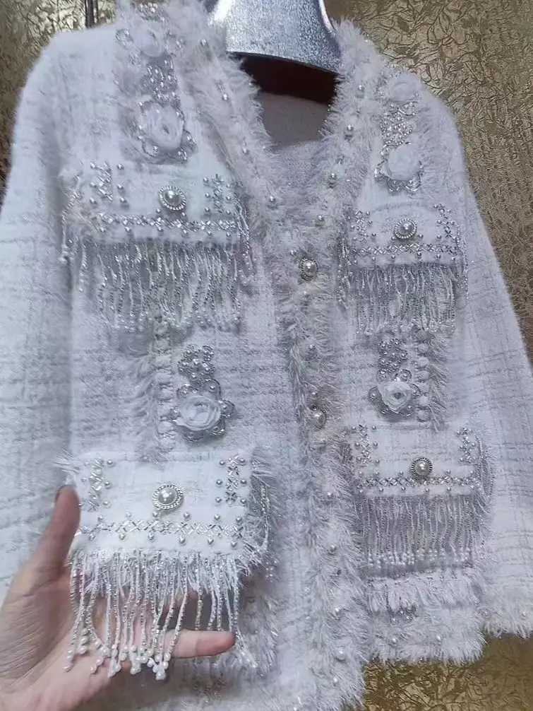 New In Beaded Crystal Tassel Autumn Winter Thick Warm Sweater Coat Women Long Sleeve Single Breasted Knitwear Cardigan Jacket