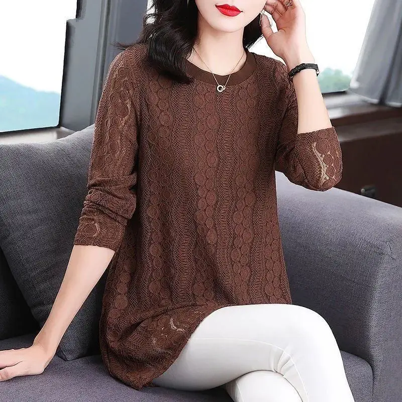 Elegant Fashion Spring Summer New Lace Solid Color Blouse Female Clothing Vintage Casual Hollow Out O-Neck Long Sleeve Shirt