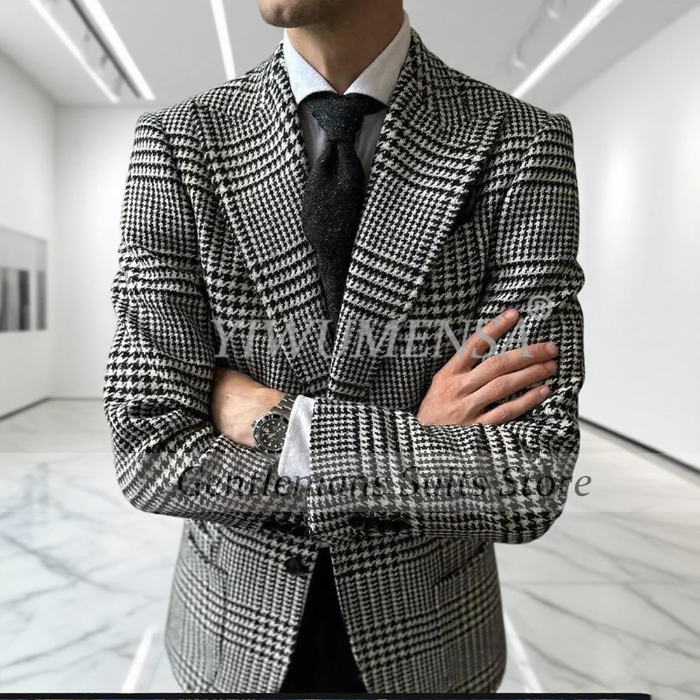 

Classic Business Suits Men 2 Pieces Sets Grey Plaid Check Prom Blazers Cusotmized Man Banquet Party Tuxedos Male Fashion Clothes