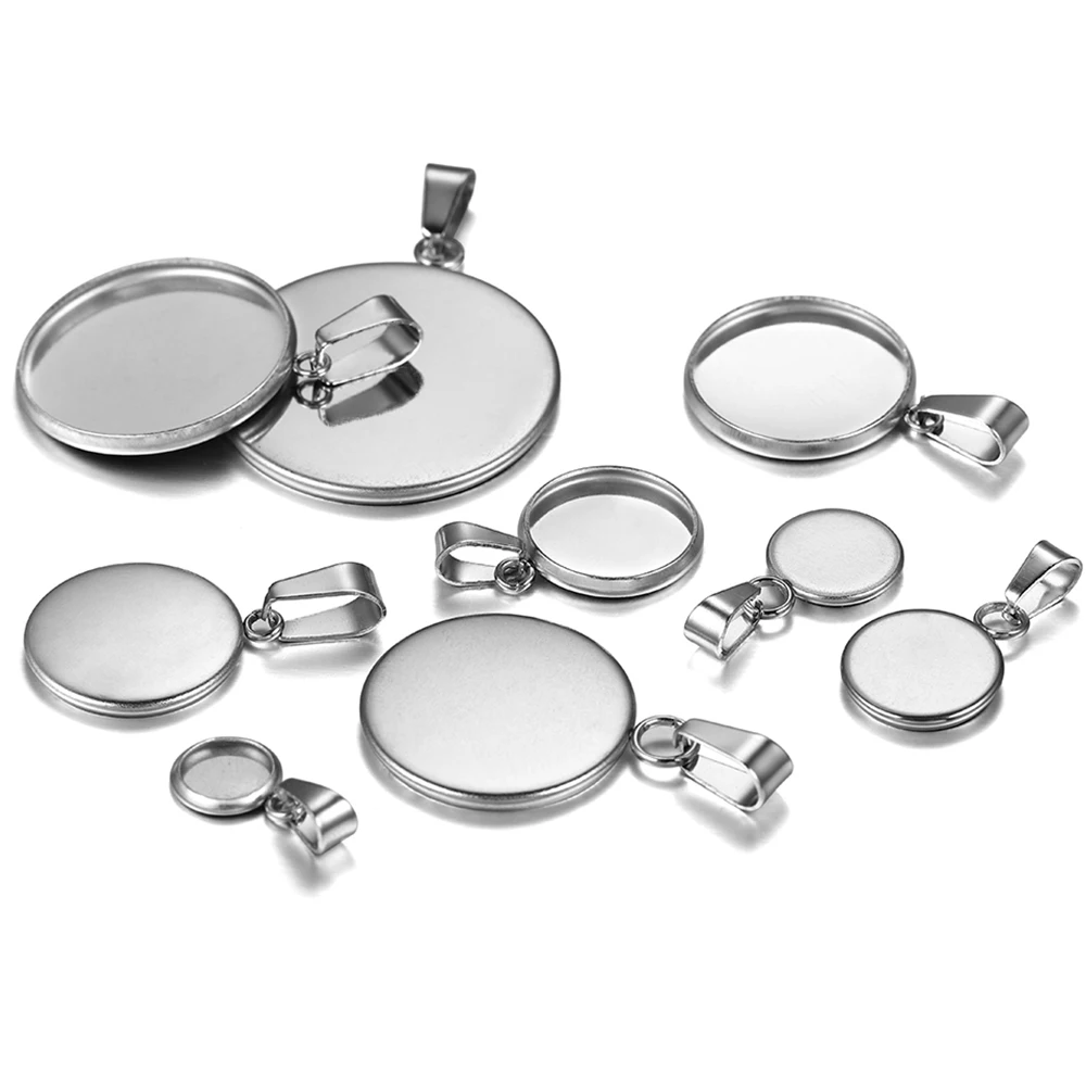 10Pcs/Lot Stainless Steel Cabochon 6-25mm Round Tray Blank with Clasp for DIY Resin Pendant Base Setting Jewelry Making Supplies