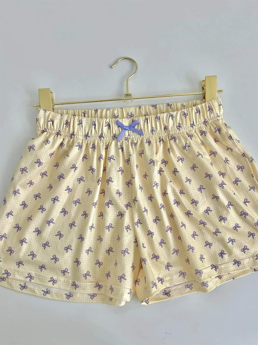 Conjunto de pijama feminino com estampa de laço, camisola sem mangas com shorts, roupa de dormir