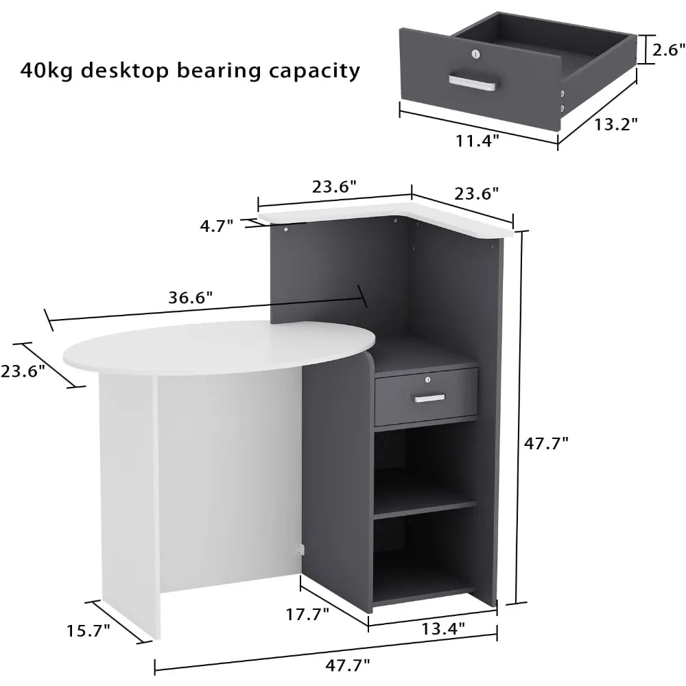 Front Counter Desk with Lockable Drawers, for Salon Reception Room Checkout Office, White Round Table & Dark Grey Counter