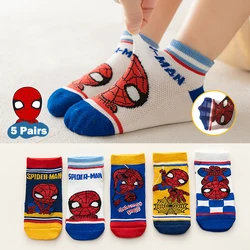 Calcetines de malla de dibujos animados para niños, calcetín corto de Iron Man, Capitán América, Spiderman, Anime, para primavera y verano, de 1 a 12 años, 5 pares