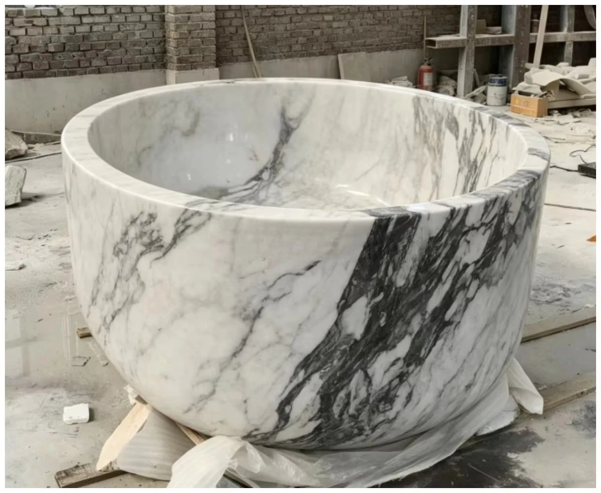 #￥High-End Freestanding Arabescato White Marble Bathtub Custom Polished Natural Stone Soaking Tub for Hotel SPA Villa Bathroom
