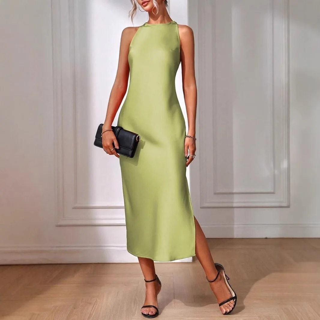 2025 Satin Dress Women's Spring and Summer Sleeveless Split Satin Simulation Silk Long Skirt Europe and America