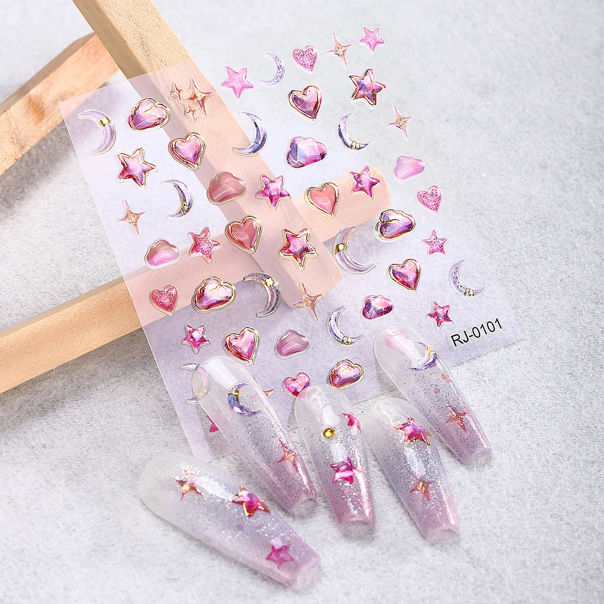 Pegatinas de gelatina láser para decoración de uñas, calcomanías de colores 5D para manicura, rosa, púrpura, luna, estrella, corazón, nube, 2 piezas