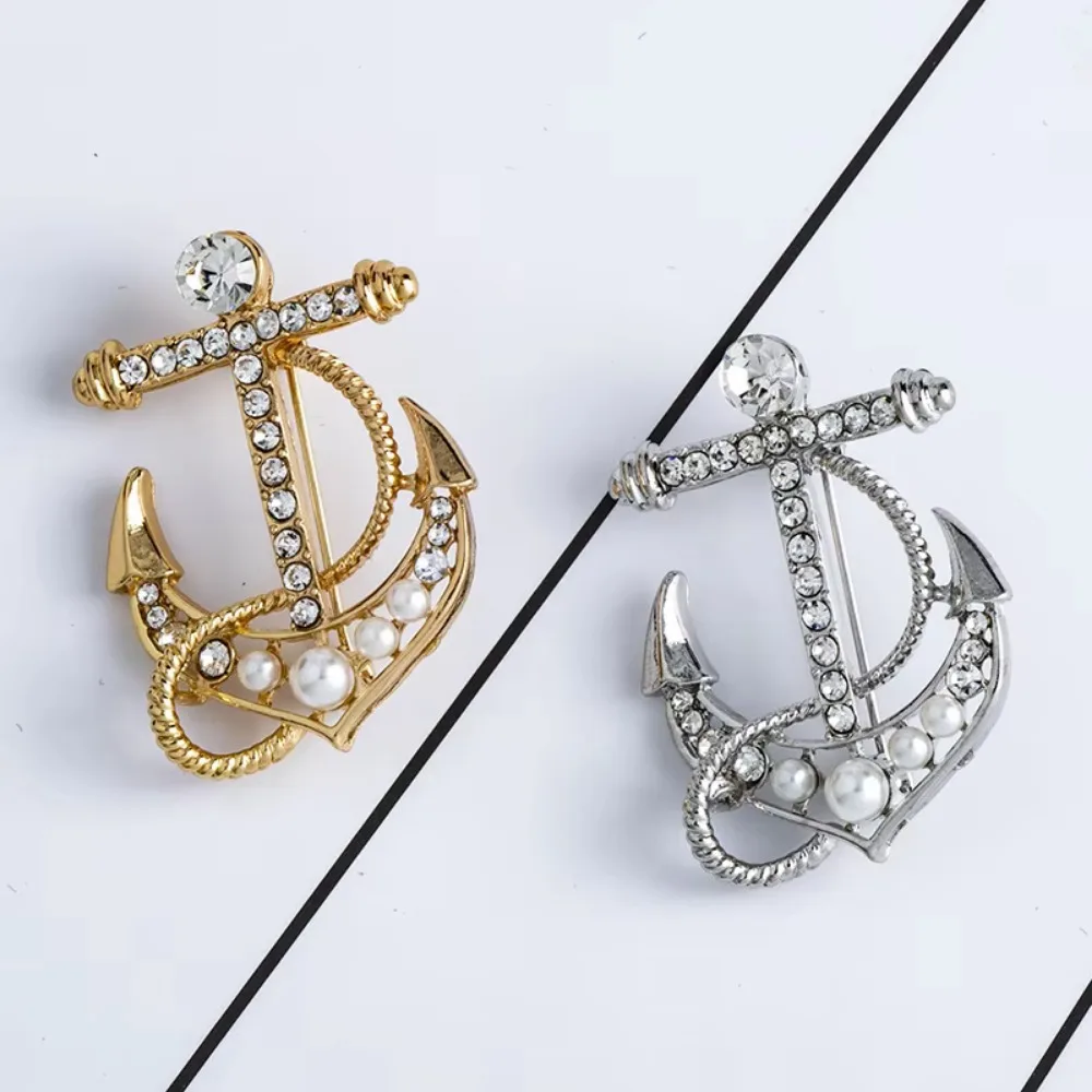 Vintage Naval Rudder Anchor Brooch Rhinestone Men's Suit Shirt Collar Lapel Pin Metal Brooch Business Badge Jewelry Accessories view 5