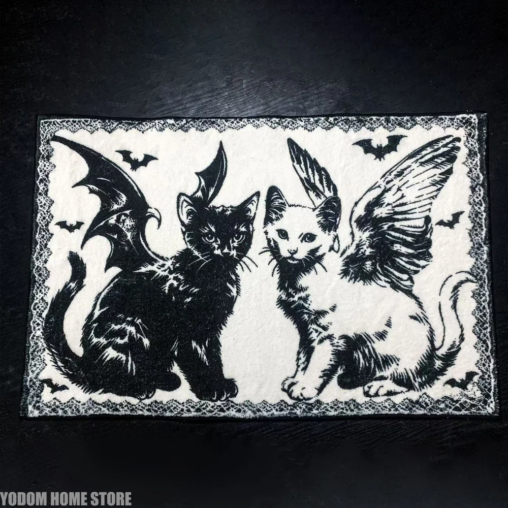 Imitation Wool Angel & Demon Cat Rug, Kawaii Area Mat for Living Room, Doorway, Kitchen and Bathroom Decor
