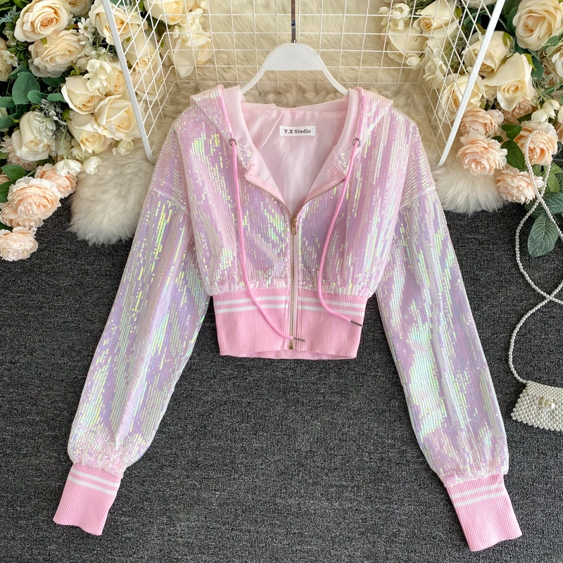 Jacket Women  Short Sequins jacket coats woman bling bling sequined coats women  Autumn Female short silver Jackets