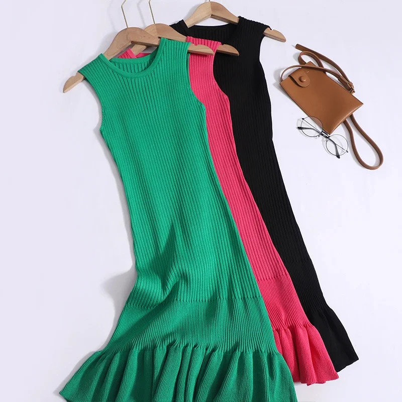 2024 nowa letnia koreański, dzianinowy szata Femme z okrągłym dekoltem bez rękawów z falbanami seksowna, dopasowana sukienka typu Bodycon elegancka Mini sukienka typu Vestidos