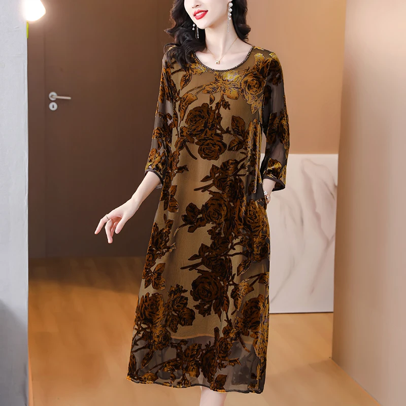 InjFlocked Velvet O-Neck Robe à manches longues pour femmes, Robe longue au genou, Taille rétro, Marron, Nouveau, Automne, Hiver, 2023