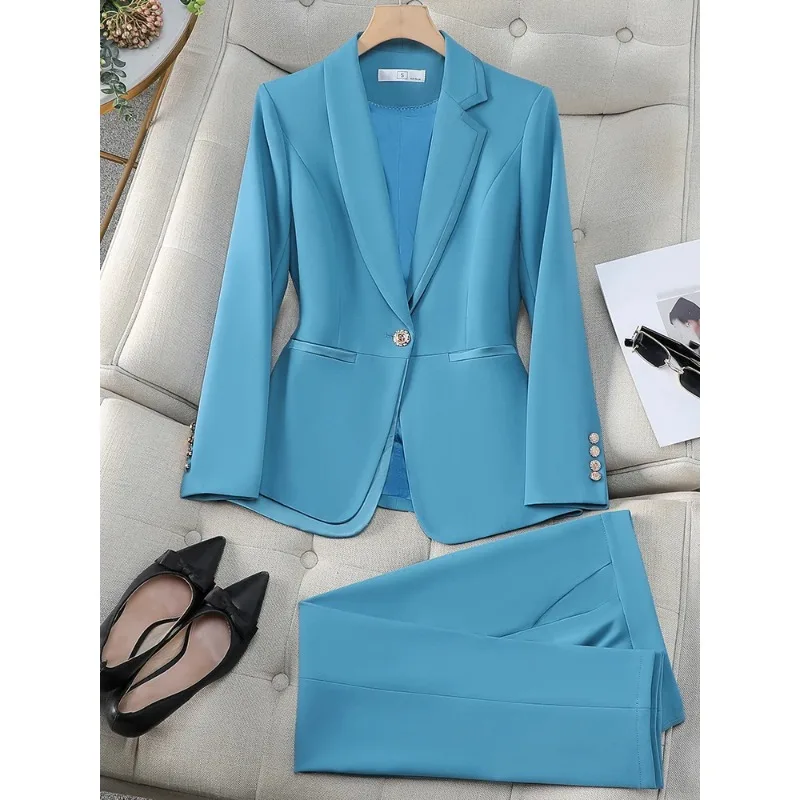 

Fashion Blue Khaki Black Ladies Work Wear Blazer Pant Suit Women Female Formal Jacket and Trouser 2 Piece Set for Autumn Winter