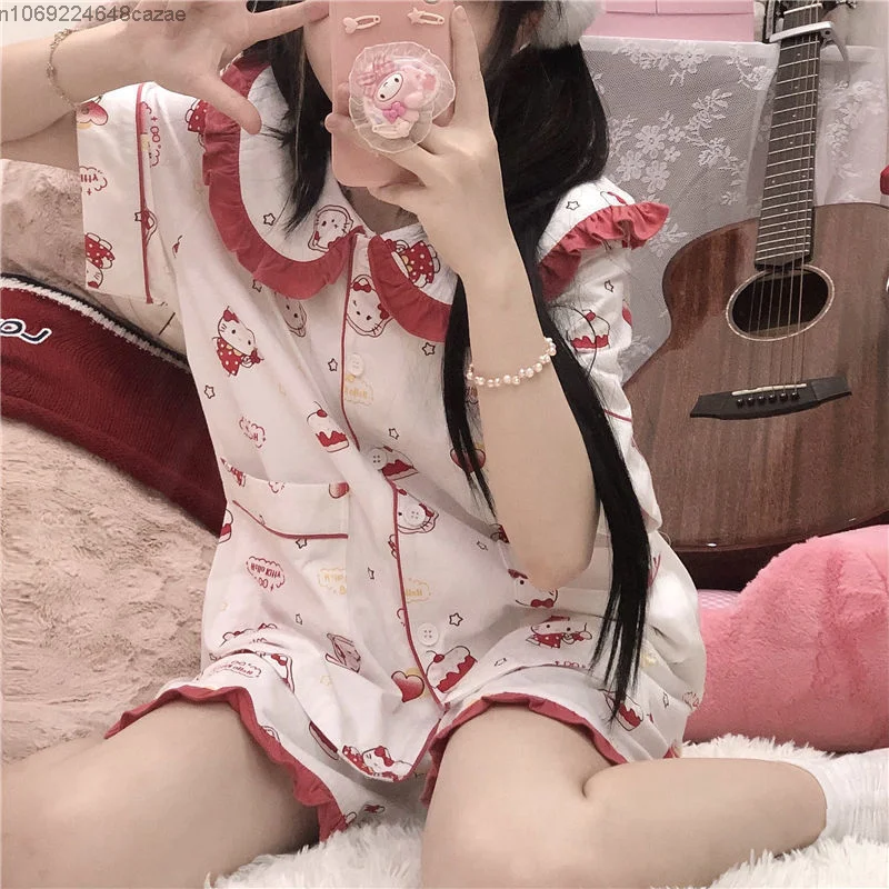 Sanrio Hello Kitty Printed Pajama Girl Cute Pattern Red Edge Homewear Soft Thin Short Sleeve Shorts Home Clothes Set For Women