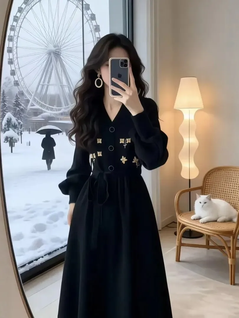

plus Size Lazy Sle V-Ne Embroidered Knit Dr Slimming Waist Long Sweater Dr Korean Version High Waist Cotton Blend