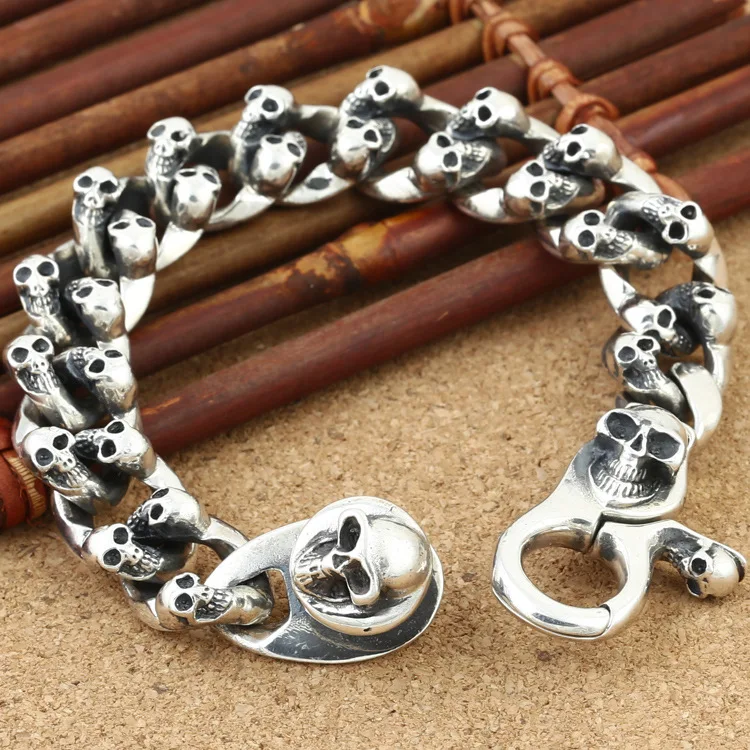 Manufacturers wholesale S925 pure silver personalized jewelry in large quantities, retro Thai silver rough mining punk skull dom