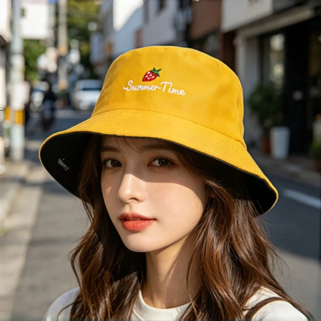 Double Sided Bucket Hat Women Cute Strawberry Embroidery Summer Time Sun Hat Reversible Yellow Black Fisherman Cap Outdoor Trave