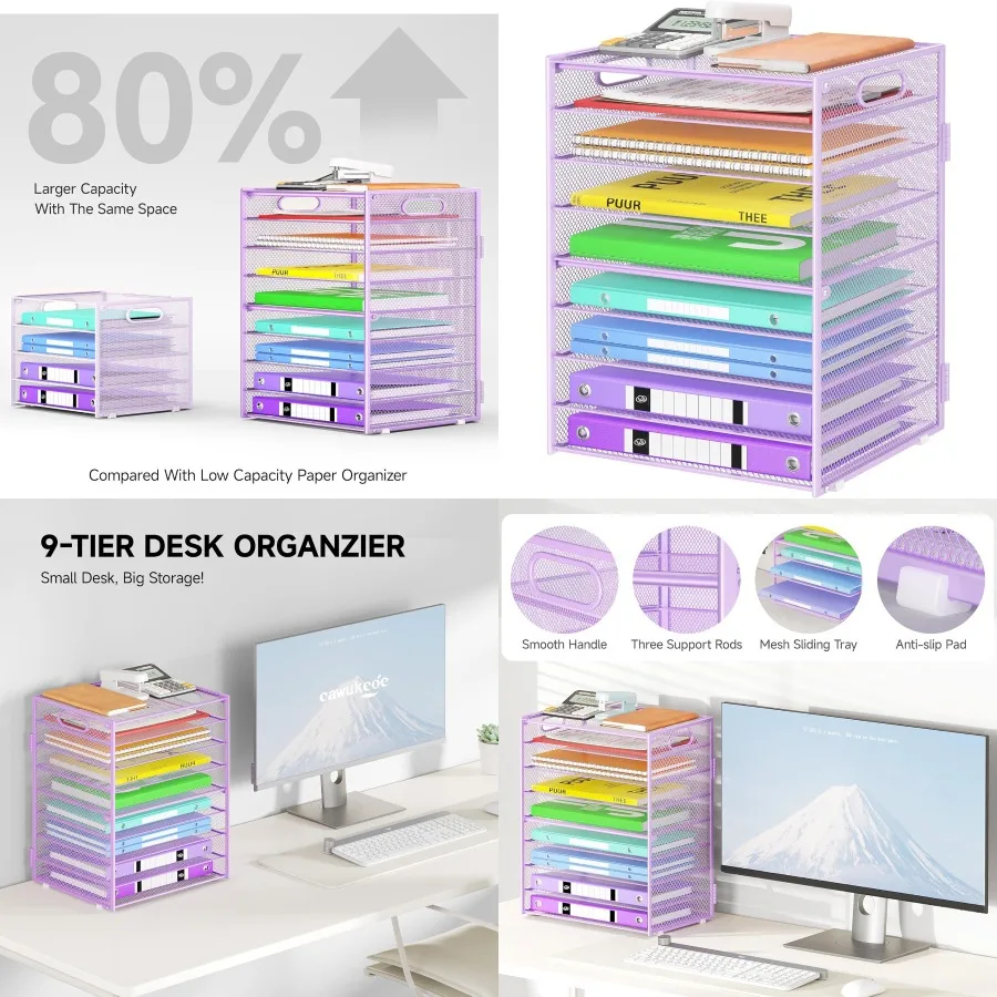 منظم ورق مكون من 9 طبقات مع مقبض لتخزين المكتب بسعة كبيرة: صينية مجلد ملفات شبكية لفرز المستندات الفعال في Cla