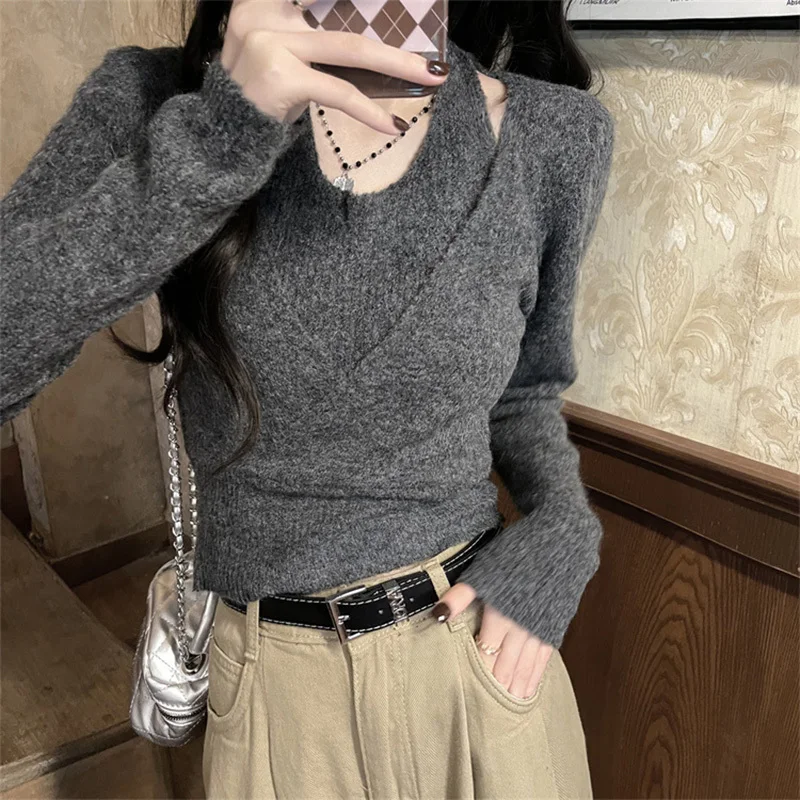 

Cropped Black Sweater Women Fashion Halter Bandage Knitted Pullovers Korean Long Sleeve Knitwear Fall Winter Slim Jumpers