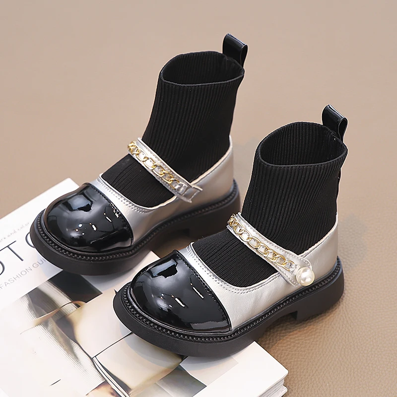 Girls Fashion Boots 2025 Autumn Winter Kids Socks Boots Children Sock Shoes Classic Metal Chains Patchwork Princess Sweet Soft