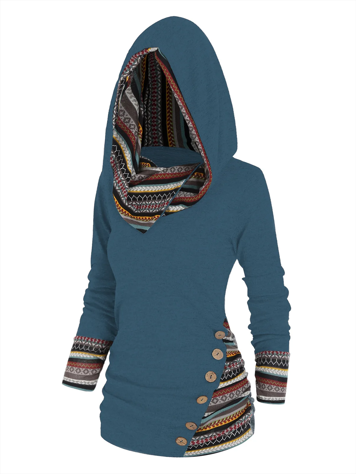 Womens Hoodies Striped Patchwork Hooded Knitted Long Sleeved Button Top Womens Casual T-shirt