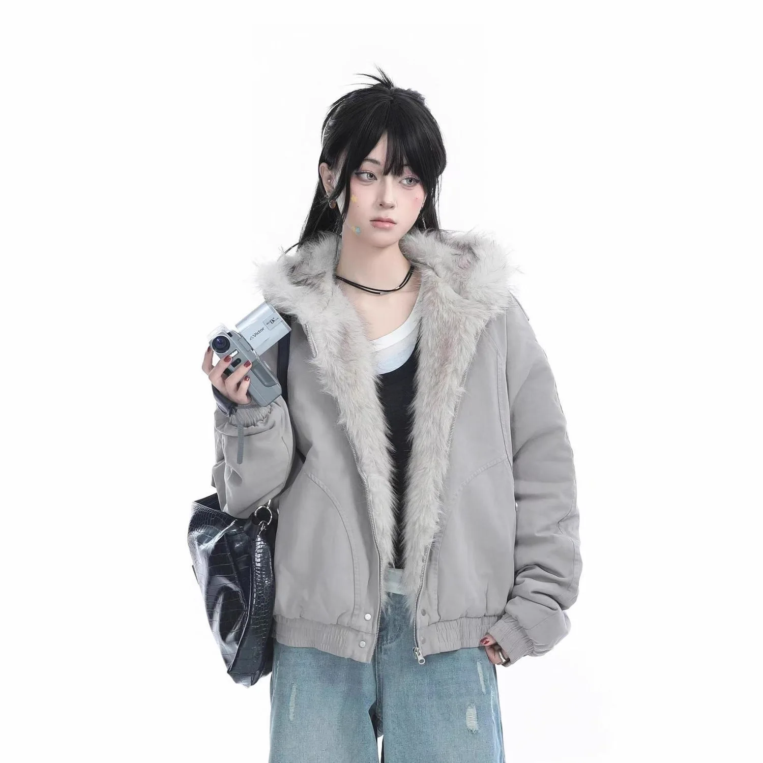 

YJKDYK Warm Plush Jacketd Solid Zipper Elastic Hems Cotton-Padded Jacket For Female Motorcycle Punk Fur Collar Lady's Jacket