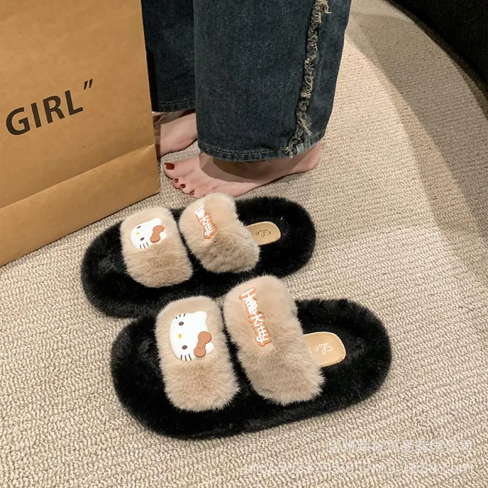 لطيف أفخم نعال من القطن Kawaii مرحبا كيتي النساء الشتاء داخلي Kt المخملية الدافئة الفراء الأحذية المنزلية سميكة سوليد الفتيات النعال