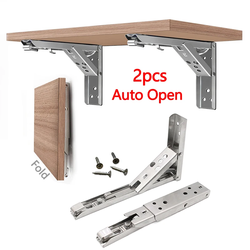 2pcs Foldable Shelf Bracket Storage Rack Triangle Auto Open Steel Support Black Wall Large Shelves 8/10/12/14 Inches