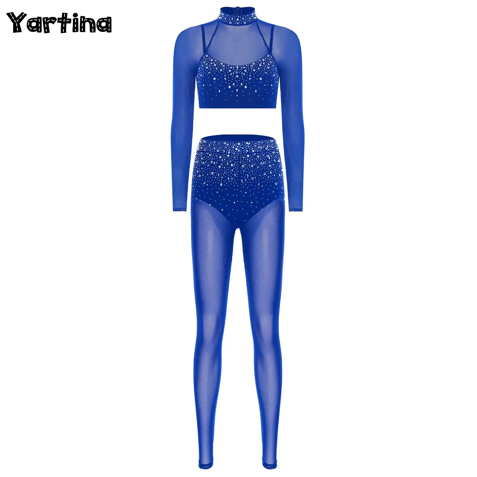 Womens Glittery Rhinestone Gymnastics Latin Ballet Dance Outfits Long Sleeve Crop Top And Built-in Briefs Tights Leggings