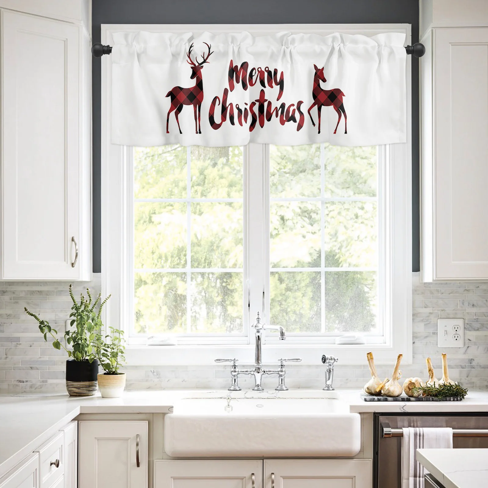 Valances for Windows Kitchen Living Room Small Window Valance Reindeer Merry Christmas Red Black Buffalo Check Plaid 1 Panel