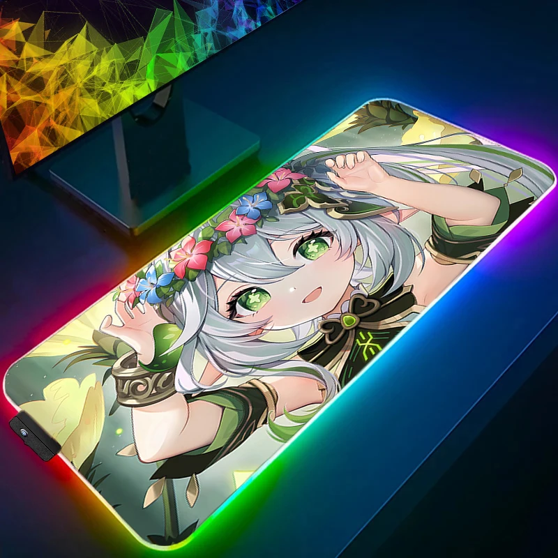 Mouse pad acessórios para jogos rgb computador gamer teclado almofada genshin impacto nahida mesa mouse tapete led pc plantas verdes mousepad