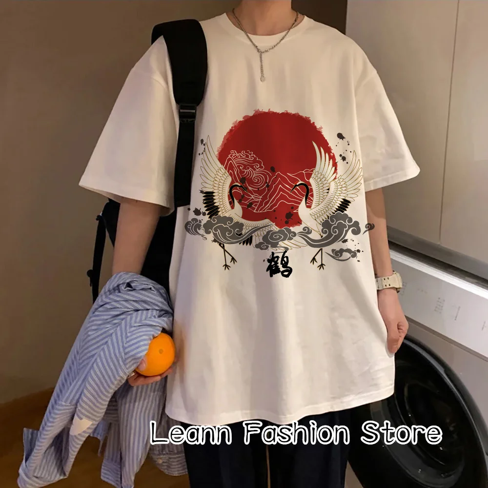 

Summer Men Red-Crowned Crane Graphic T-Shirt Cotton Tops Tees Male Chinese Style Clothing Casual Camiseta Fashion Streetwear