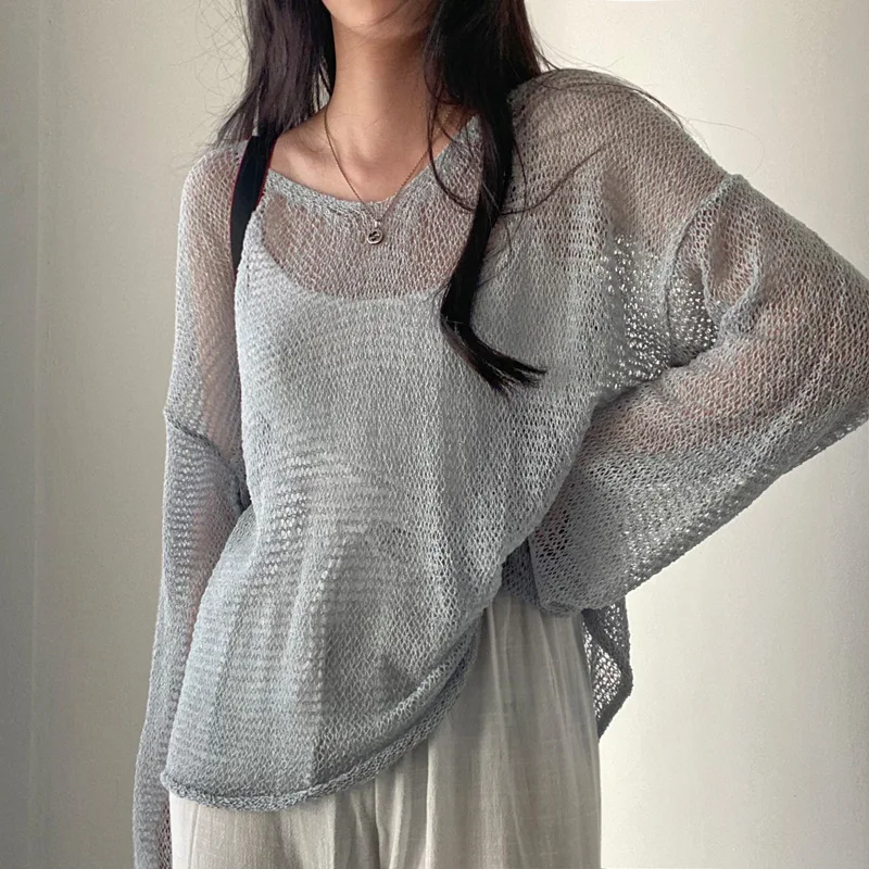 Korean Fashion Solid Color Summer French Vintage Loose Round Neck Long Sleeved Hollow Thin Style Knitting Smock All-match Tops