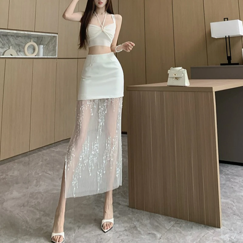 

Summer Women's Spring Autumn High Waisted Solid Patchwork Lace Pearl Casual Sexy Fashion Elegant Vintage Office Lady Half Skirt