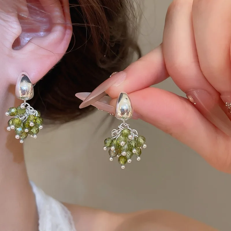 Minar INS Fashion Green Color Glass Beads Strand Tassel C Shaped Drop Earrings for Women Silver Plated Copper Every Day Jewelry