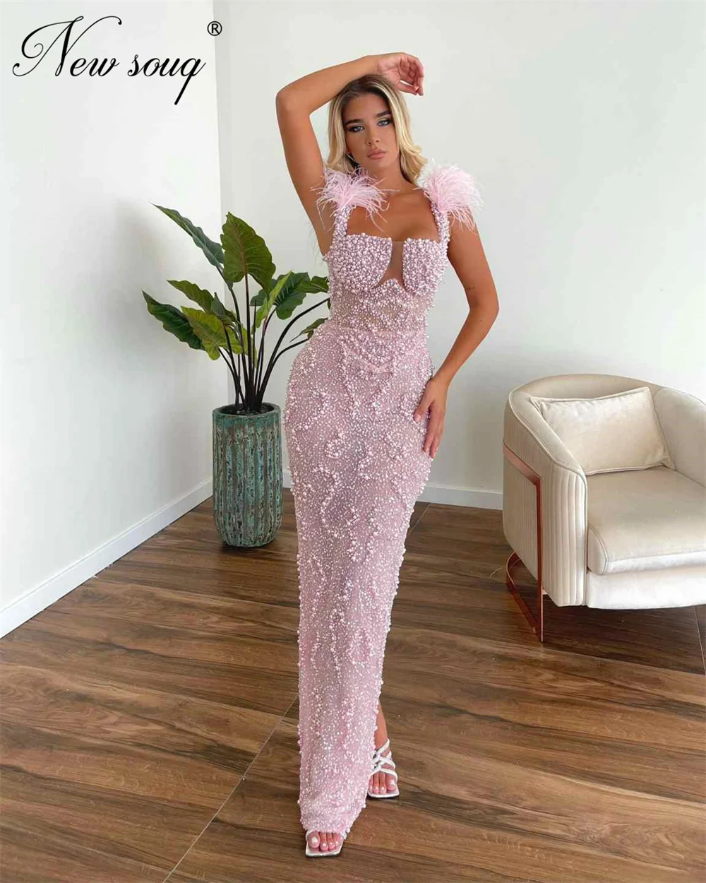 

Розовые вечерние платья-русалки с жемчугом, арабские платья на тонких бретелях с перьями, второе платье для вечеринки, индивидуальные платья-русалки для помолвки 2026