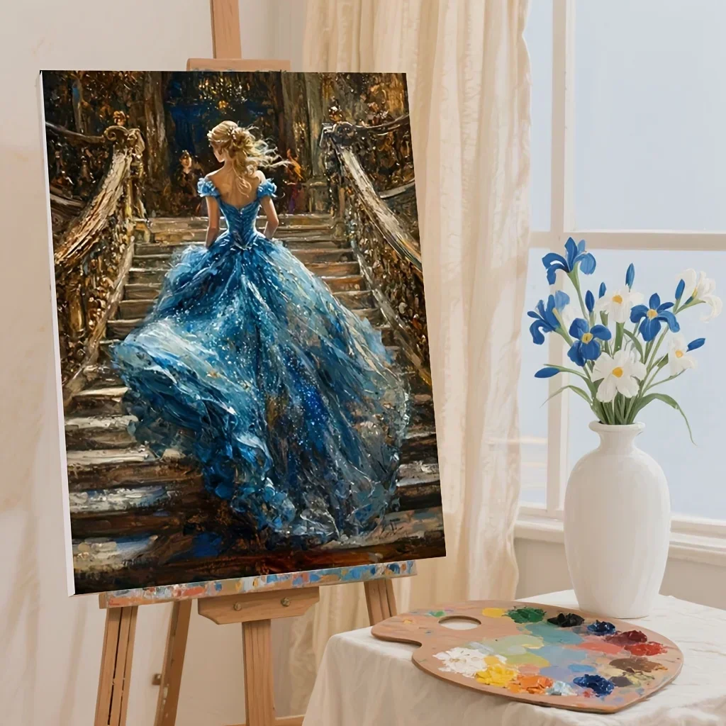 Professional Art Use 2D FLAT Unframed-1pc, Digital Painting Kit - Back View on Stairs, Digital Oil Painting, Zero Foundation, Fr