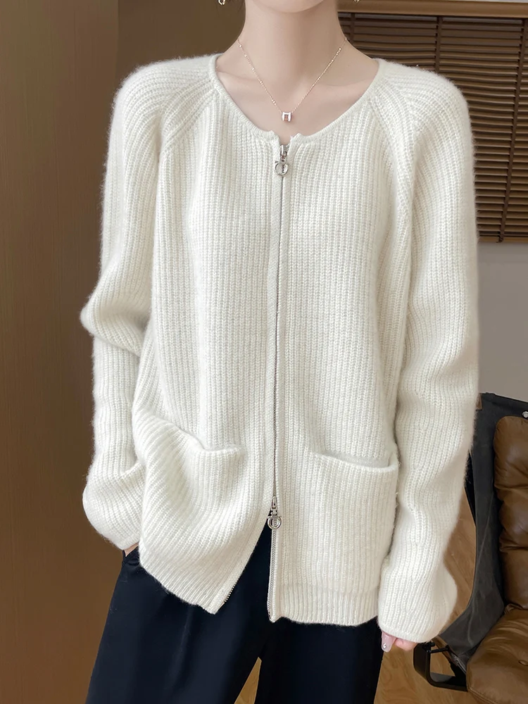 Autumn Winter New Cashmere Sweater Women's Clothing Round Neck Knitted Cardigan 100% Wool Casual Loose Large Size Tops Thicken