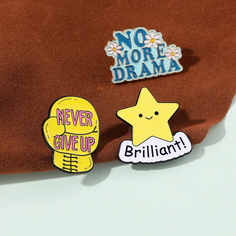 Funny Design Never Give Up Boxing Glove Pins Brilliant Star Letter No More Drama Enamel Brooches