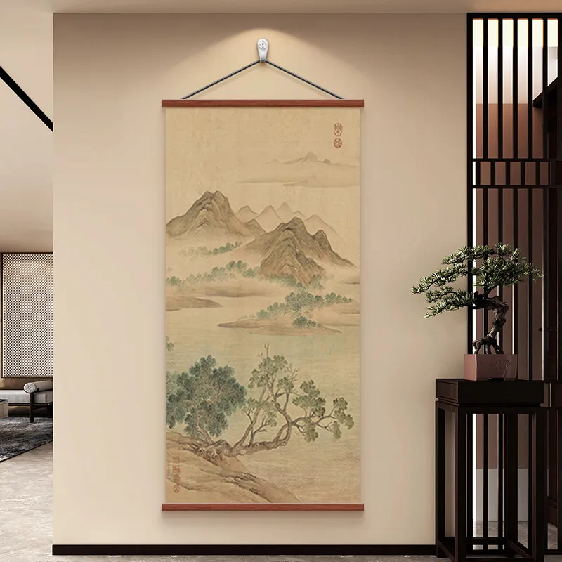 Wall Art Spring Hills and Misty Lakeside Song Inspired Pearlescent Canvas Hanging Scroll with Wooden Rods for Hallway