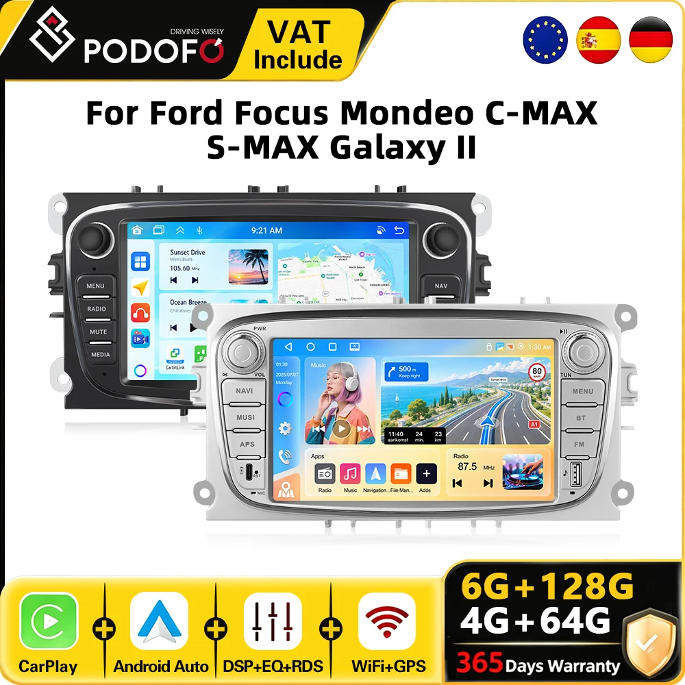 Podofo 7 Zoll 6G+128G Android Autoradio Stereo für Ford Focus 2 S-Max Mondeo 9 Galaxy 2 C-Max Auto-Video-Multimedia-Player CarPlay Android Auto Intelligentes System GPS-Navigation WiFi BT